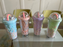 Load image into Gallery viewer, Rainbow blank globe cup/450ML Cute Rainbow Cup Double Plastic with Straws /Cold cup
