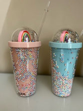 Load image into Gallery viewer, Rainbow blank globe cup/450ML Cute Rainbow Cup Double Plastic with Straws /Cold cup
